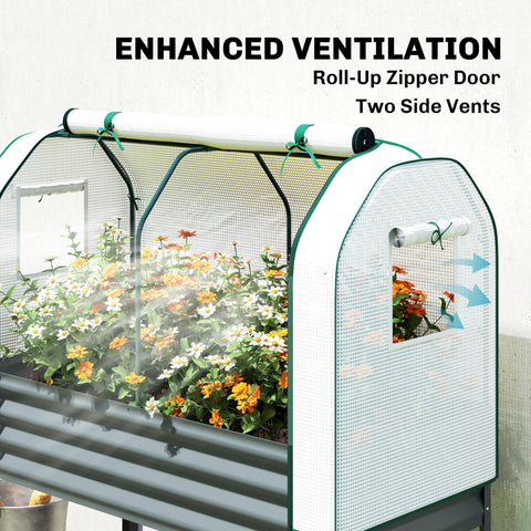 White mesh greenhouse cover with green trim and roll-up zipper door on galvanised metal raised planter bed with shelf