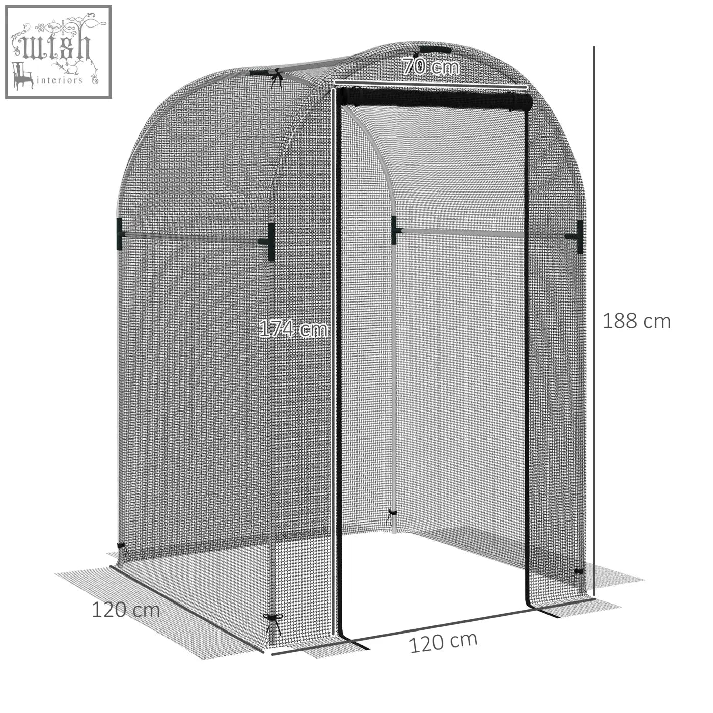 Black outsunny galvanised steel fruit cage with arched roof and zipped door featuring tear-resistant mesh cover