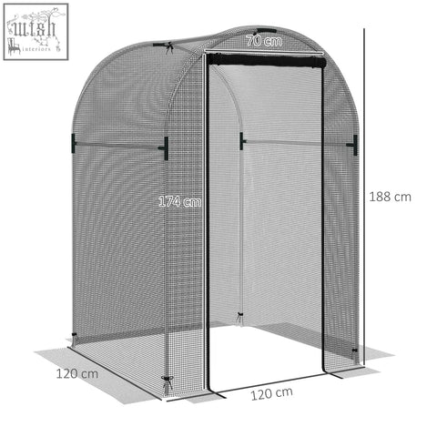 Black outsunny galvanised steel fruit cage with arched roof and zipped door featuring tear-resistant mesh cover