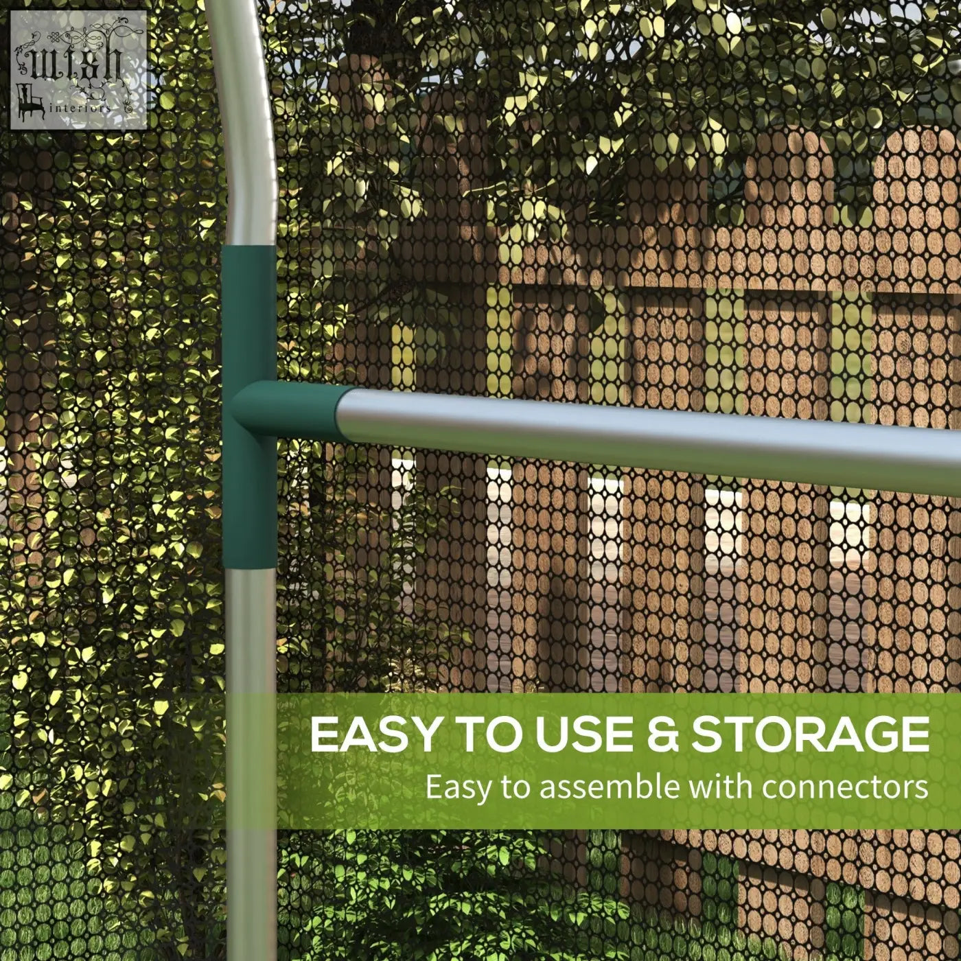 Silver and green galvanised steel fruit cage with tear-resistant mesh cover and zipped door for plant protection
