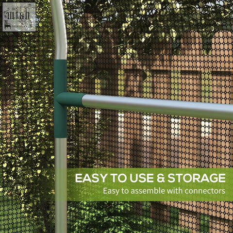 Silver and green galvanised steel fruit cage with tear-resistant mesh cover and zipped door for plant protection