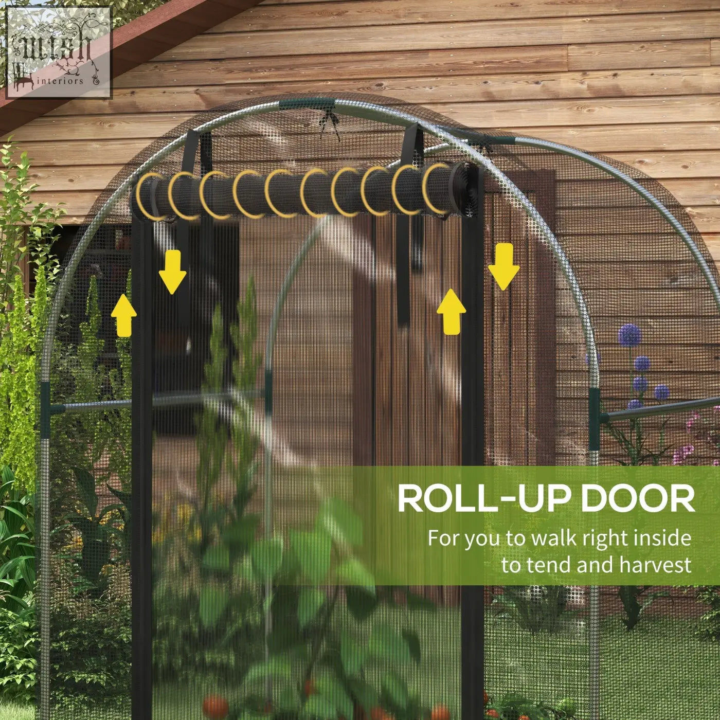 Arched greenhouse with black galvanised steel frame, tear-resistant mesh cover, and zipped roll-up door for plant protection