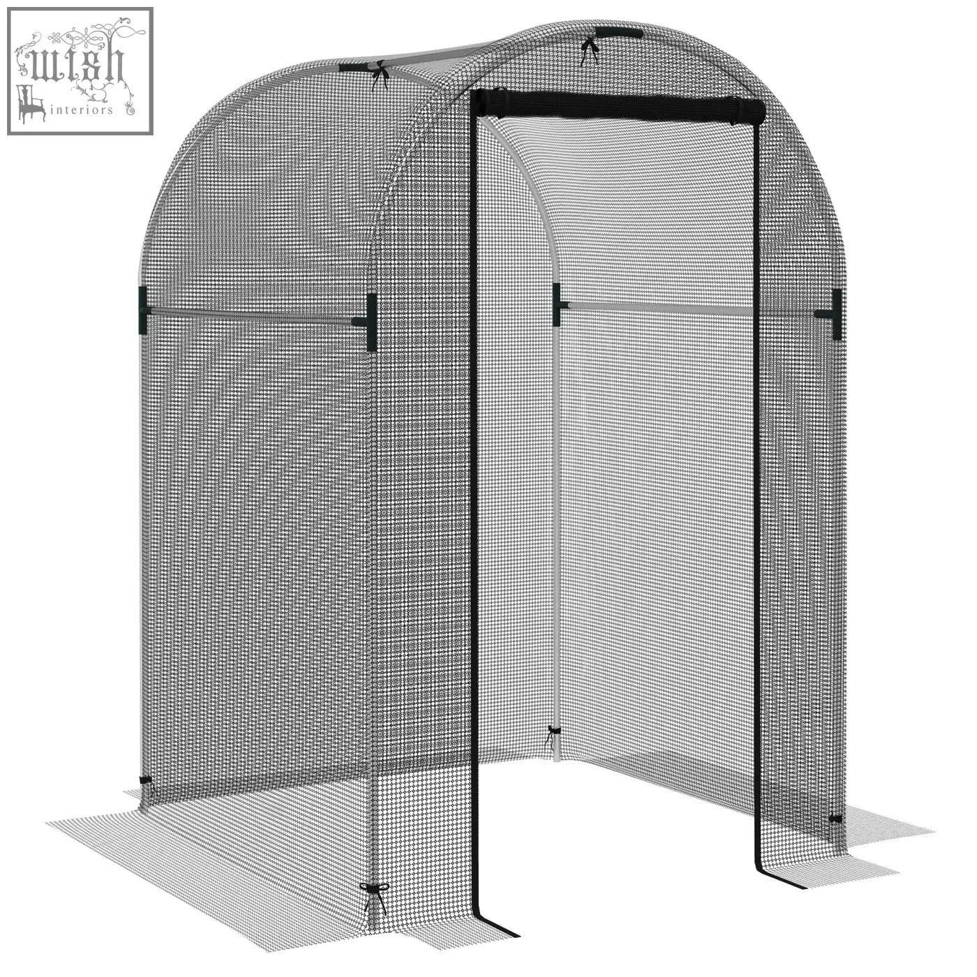 Black mesh greenhouse with arched frame and tear-resistant mesh cover featuring galvanised steel and zipped door