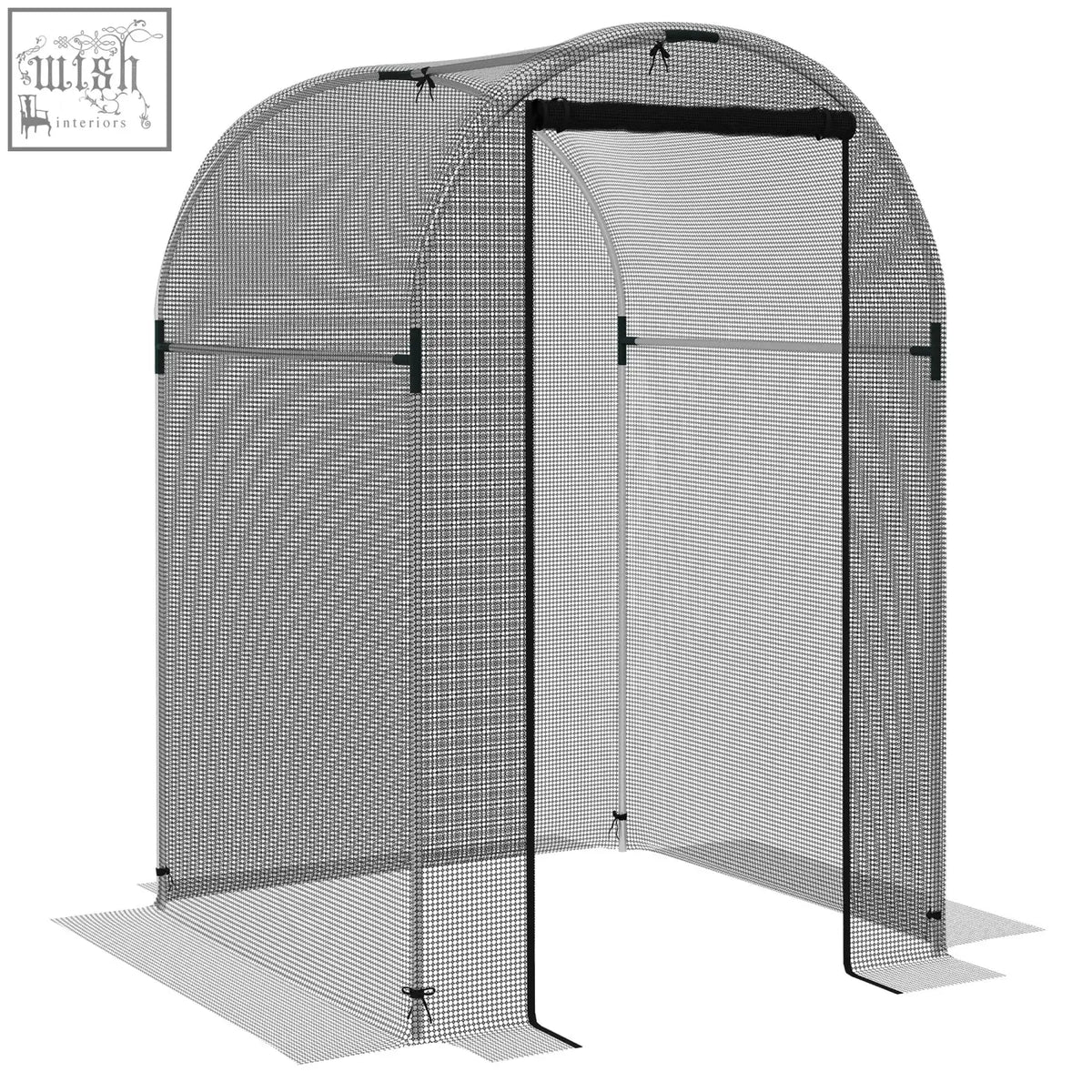 Black mesh greenhouse with arched frame and tear-resistant mesh cover featuring galvanised steel and zipped door