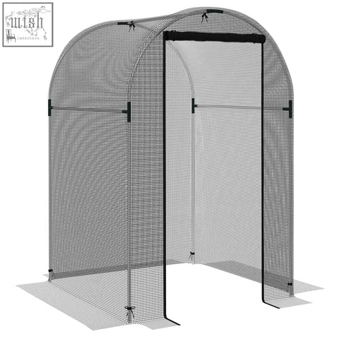Black mesh greenhouse with arched frame and tear-resistant mesh cover featuring galvanised steel and zipped door