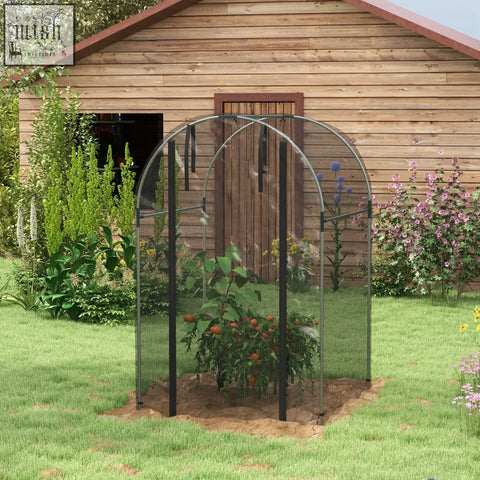Black galvanised steel fruit cage with tear-resistant mesh cover and zipped door housing a tomato plant