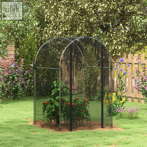 Black galvanised steel fruit cage with tear-resistant mesh cover and zipped door housing tomato plants