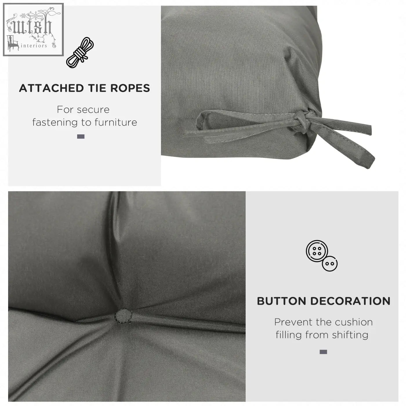 Gray outdoor seat cushion with fabric cover light grey button decoration and attached tie ropes for patio chairs