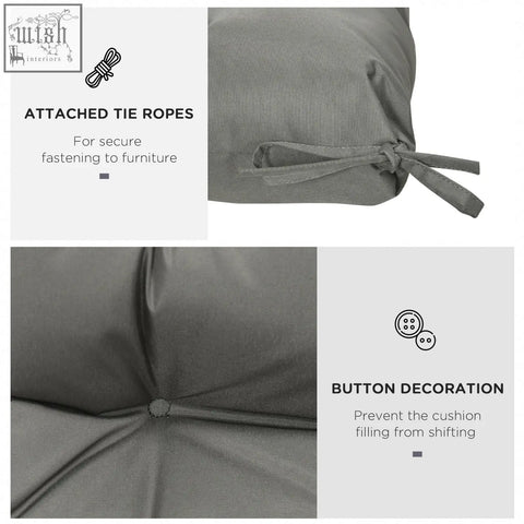 Gray outdoor seat cushion with fabric cover light grey button decoration and attached tie ropes for patio chairs