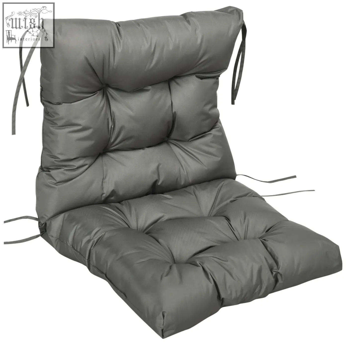 Gray tufted outsunny garden seat cushion with fabric cover and tie fastenings for outdoor and indoor use