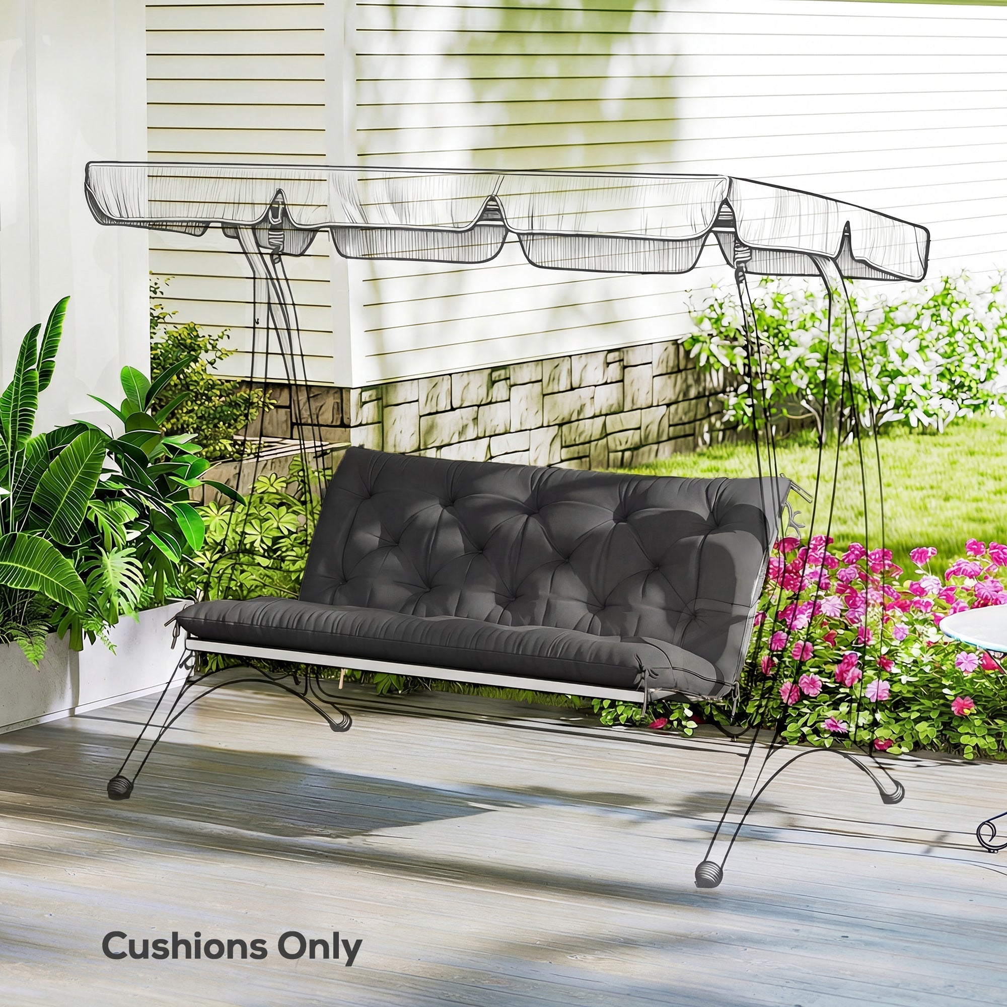Black tufted fabric cover cushions with tie fastenings for outsunny 2 seater polyester swing chair cushion