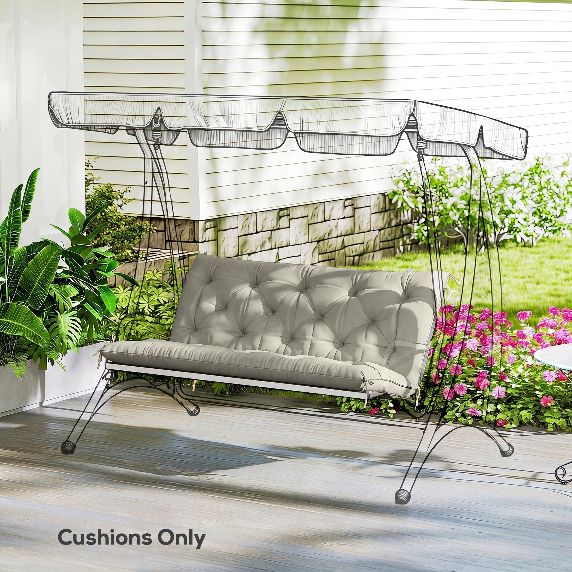 Gray tufted outsunny garden bench cushion with polyester fabric cover and tie fastenings for 2 seater swing bed