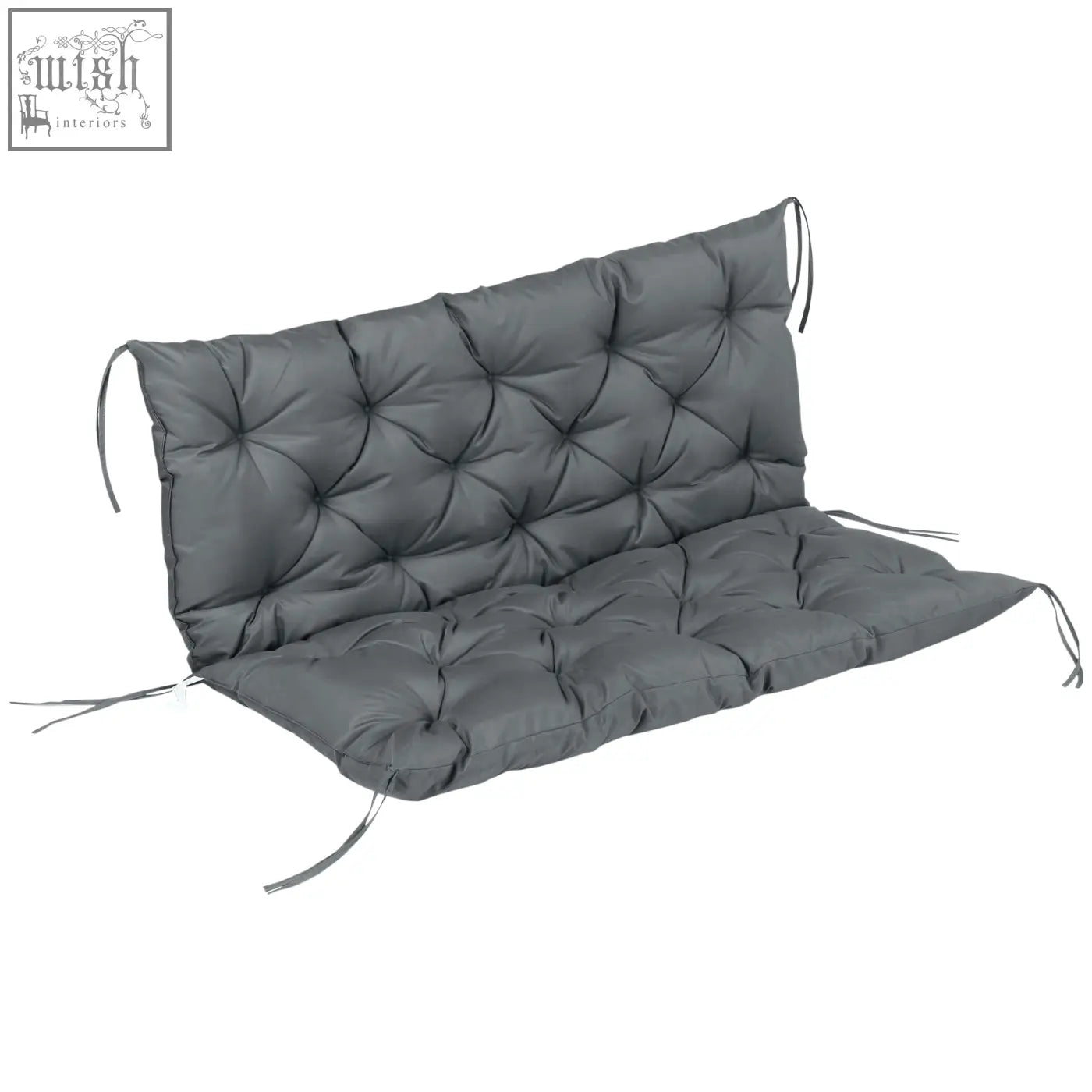 Gray tufted bench cushion with tie fastenings made of polyester fabric in dark grey for indoor and outdoor use