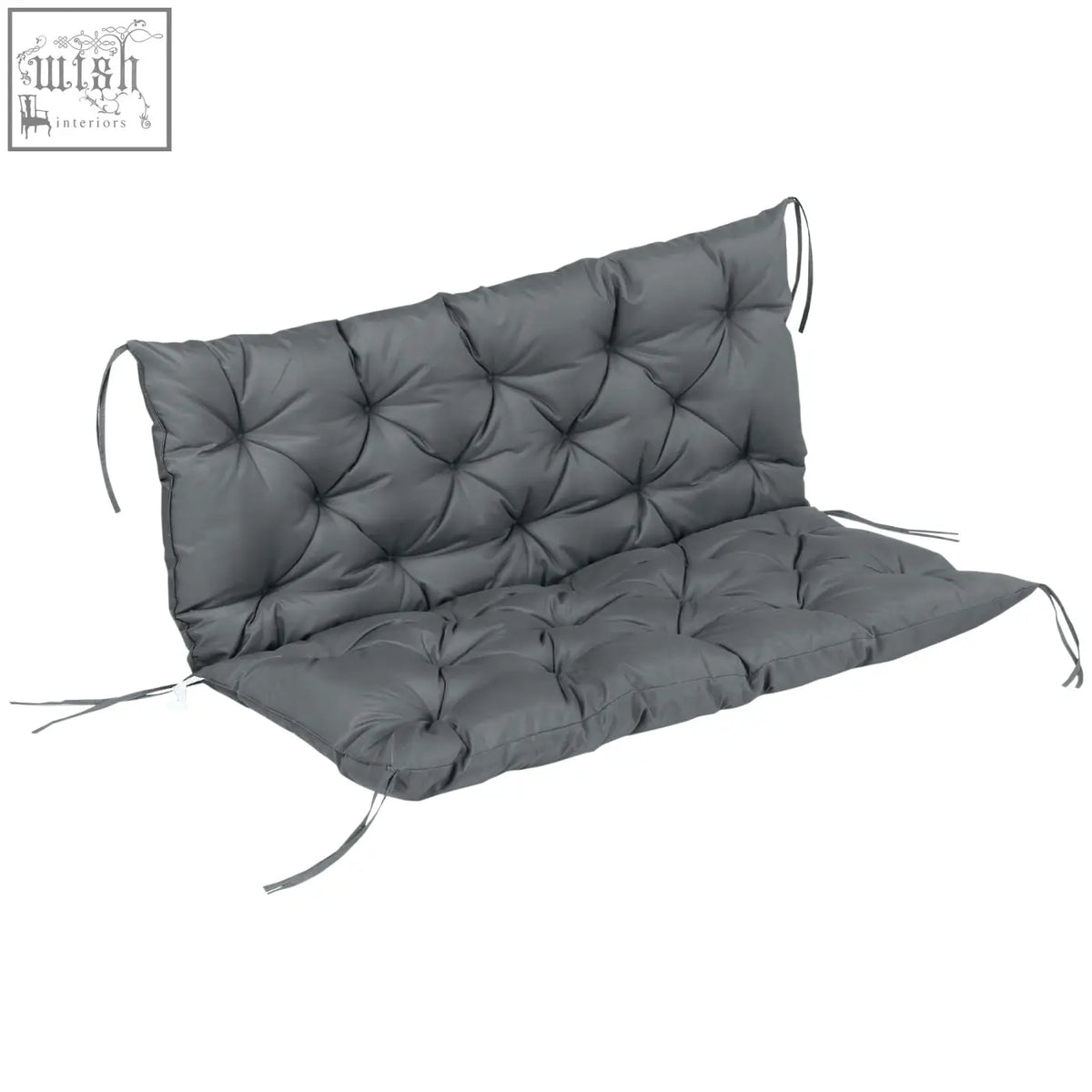 Gray tufted bench cushion with tie fastenings made of polyester fabric in dark grey for indoor and outdoor use