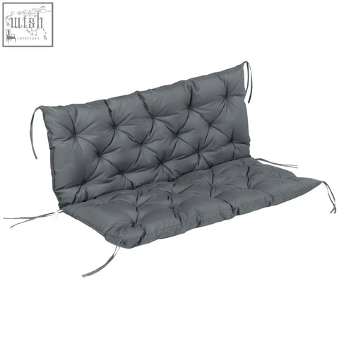 Gray tufted bench cushion with tie fastenings made of polyester fabric in dark grey for indoor and outdoor use