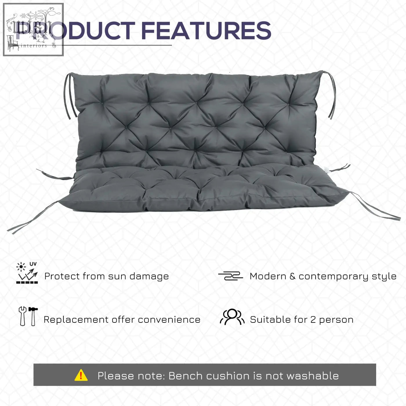 Gray tufted bench cushion with tie fastenings made of polyester fabric in dark grey for two seater swings indoors and outdoors