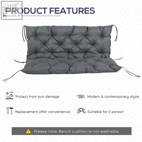 Gray tufted bench cushion with tie fastenings made of polyester fabric in dark grey for two seater swings indoors and outdoors