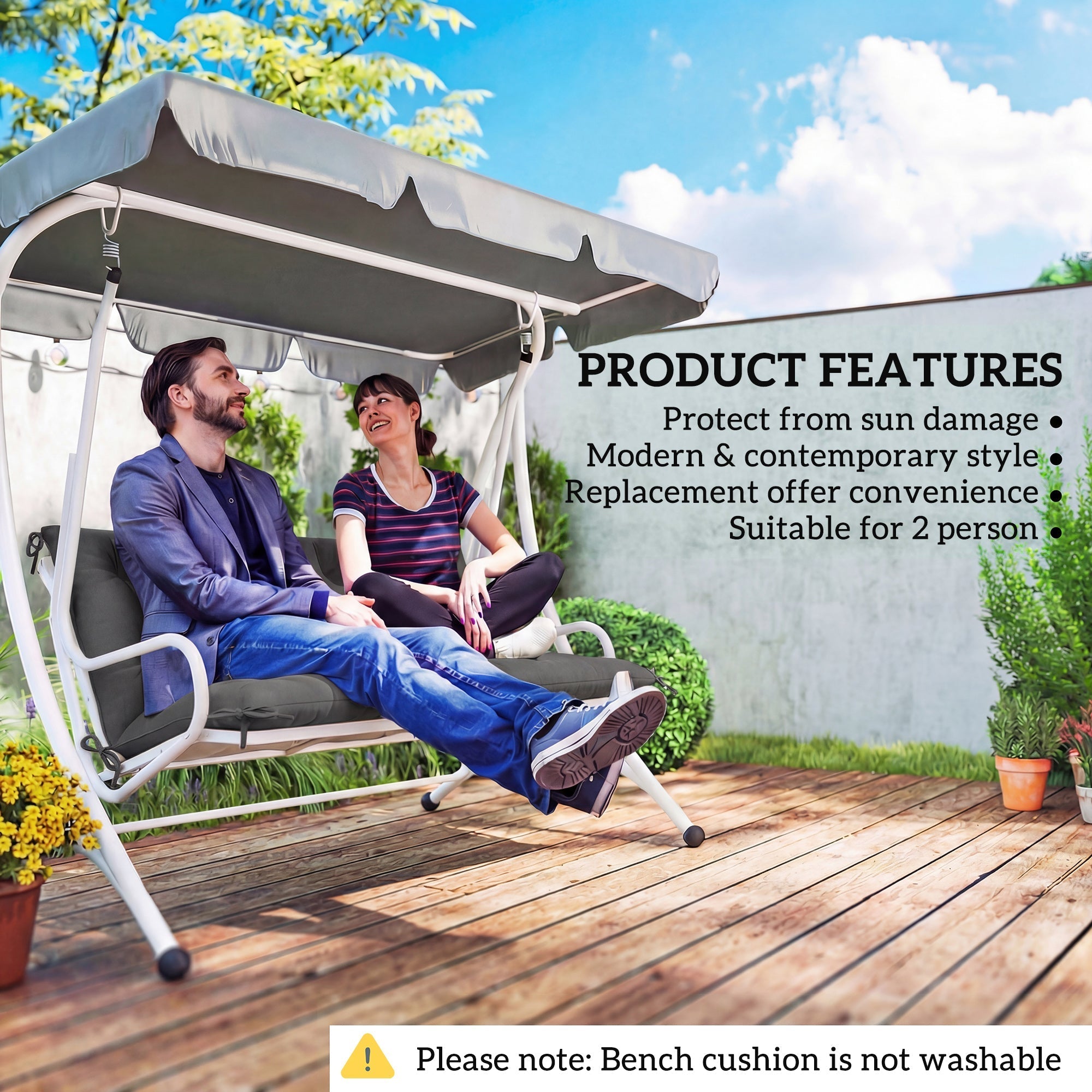 Gray fabric cover bench cushion with tie fastenings for 2 seater outdoor and indoor swing chair by Outsunny