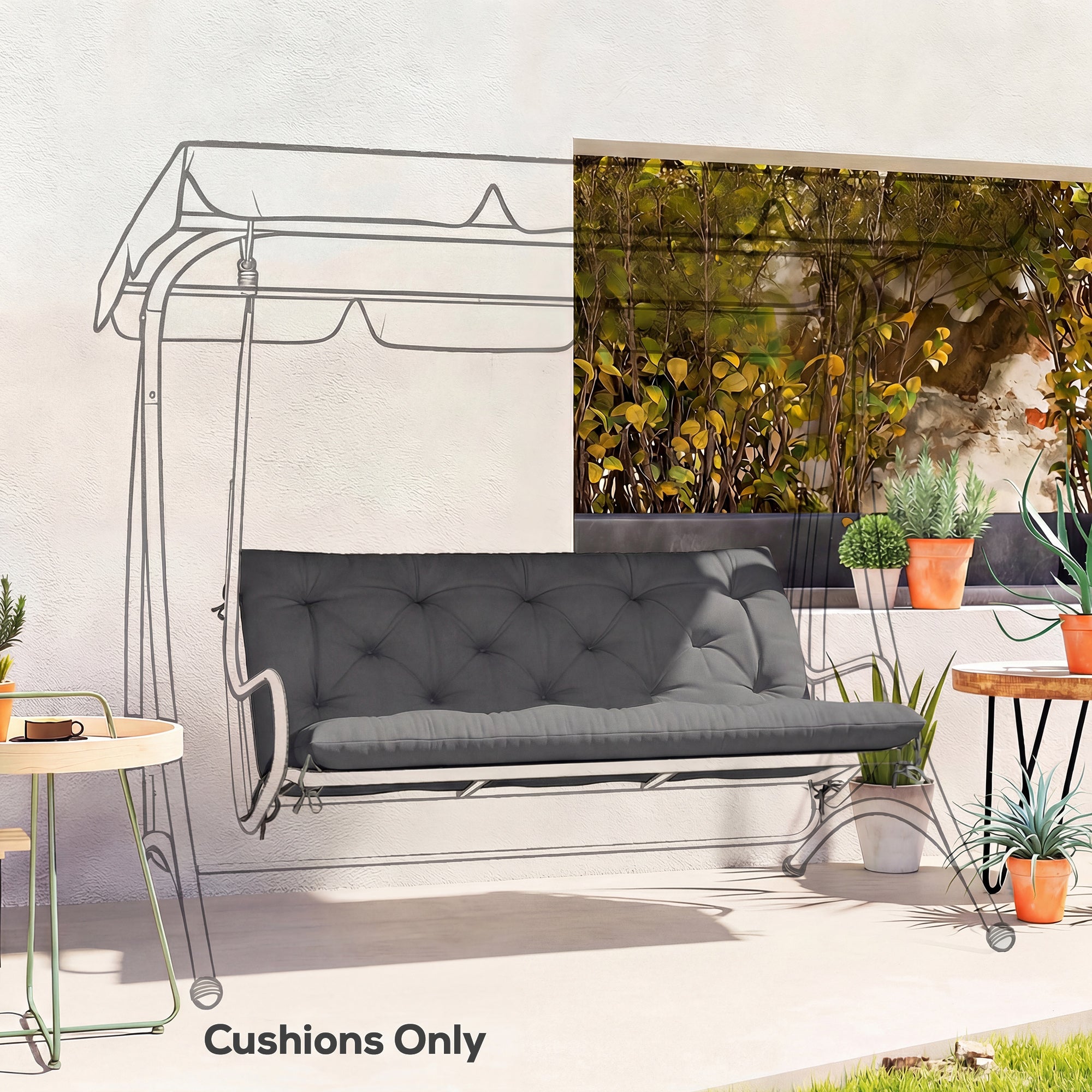 Dark gray tufted bench cushion with fabric cover and tie fastenings for outdoor and indoor swing chairs