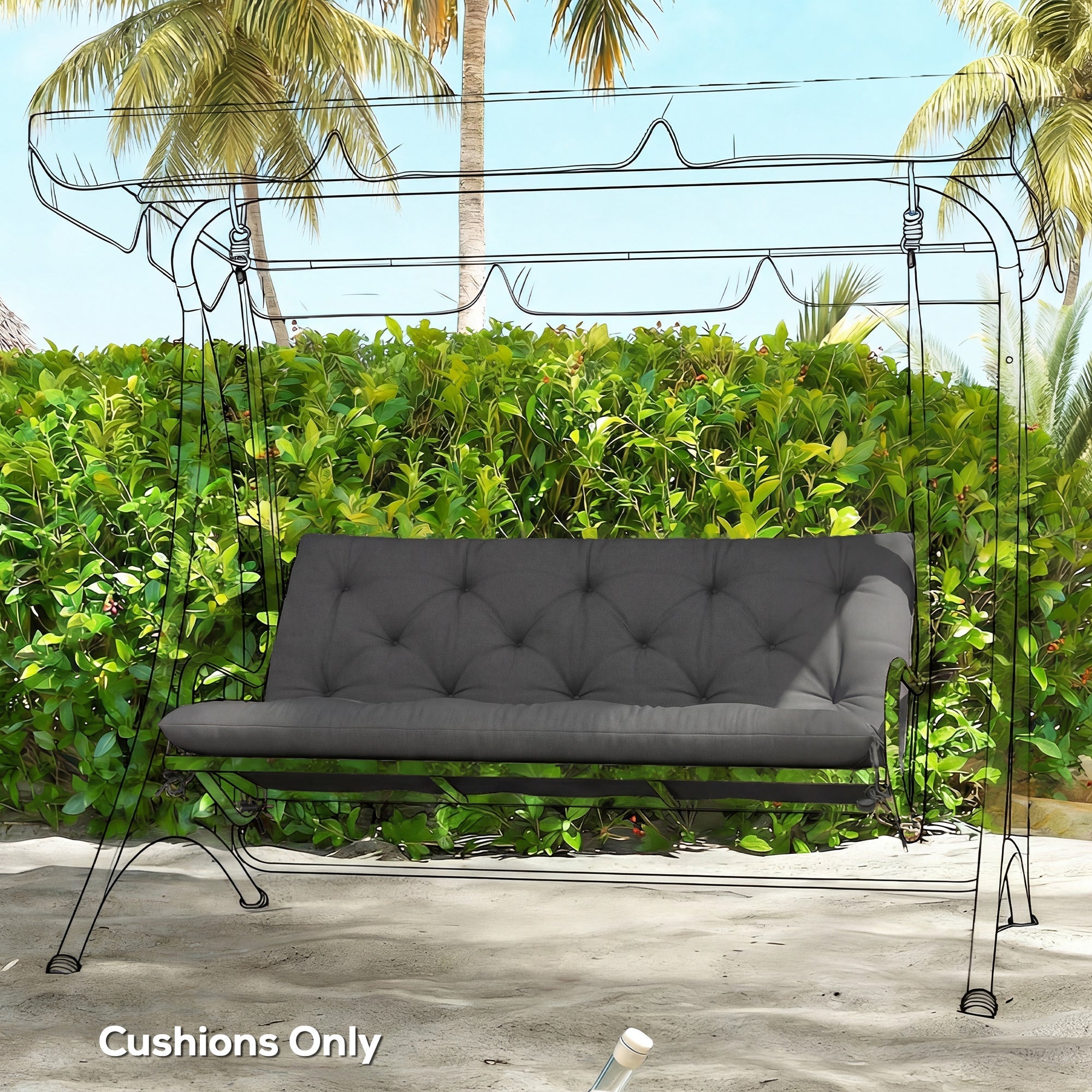 Black tufted cushion set for outsunny 2 seater swing chair with tie fastenings and durable polyester fabric cover
