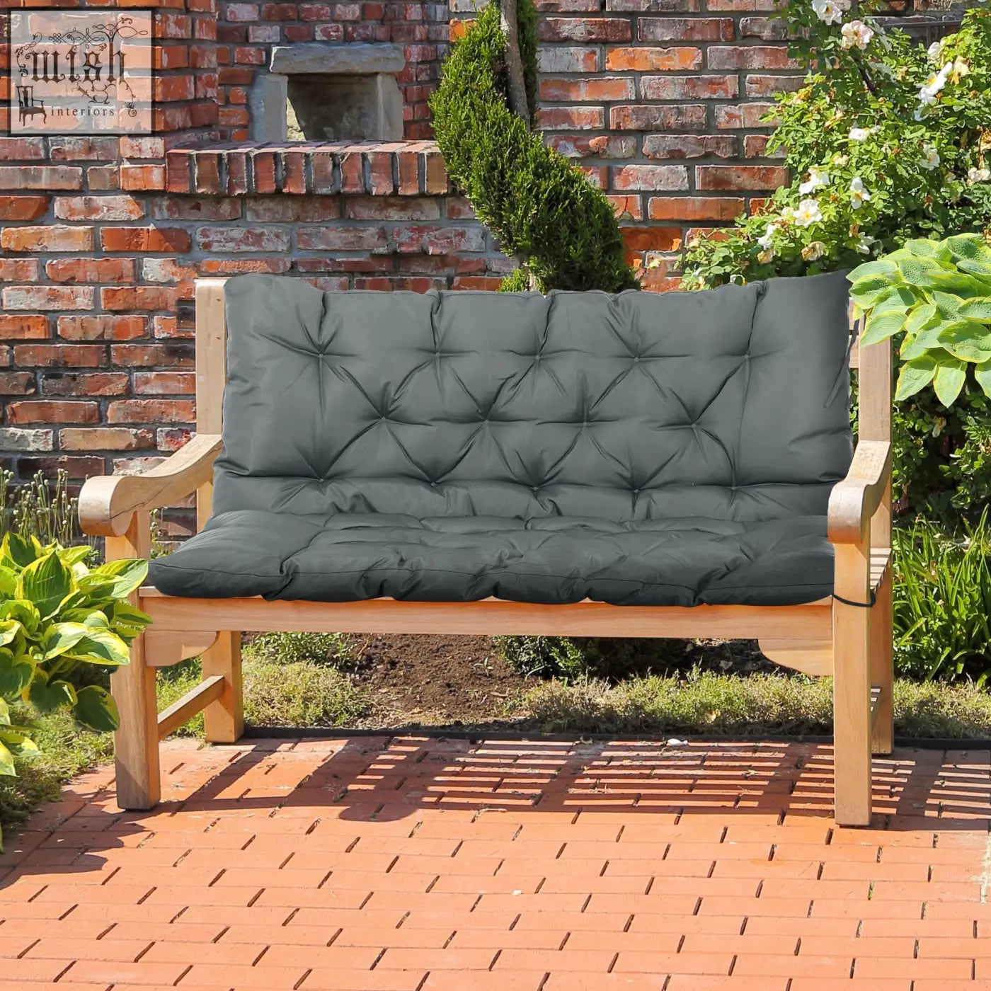 Dark grey polyester fabric tufted cushion for wooden bench with tie fastenings and diamond stitch pattern, outdoor use