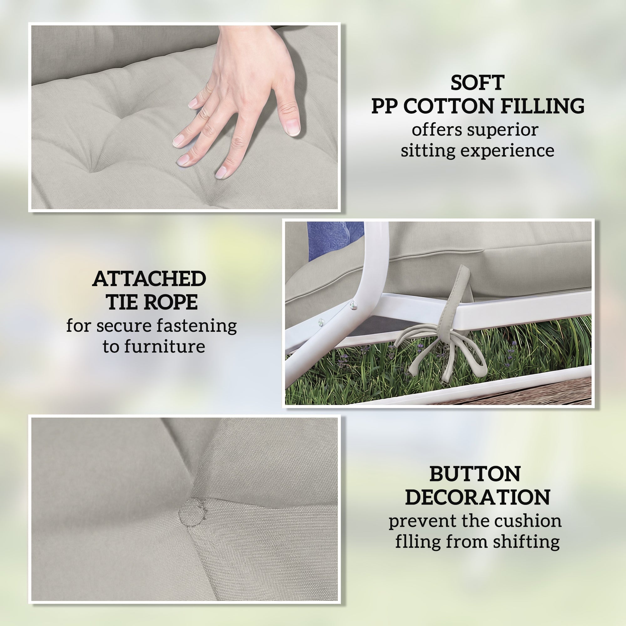 Beige tufted outsunny garden bench cushion with soft pp cotton filling, button decoration, polyester fabric cover, and tie fastenings