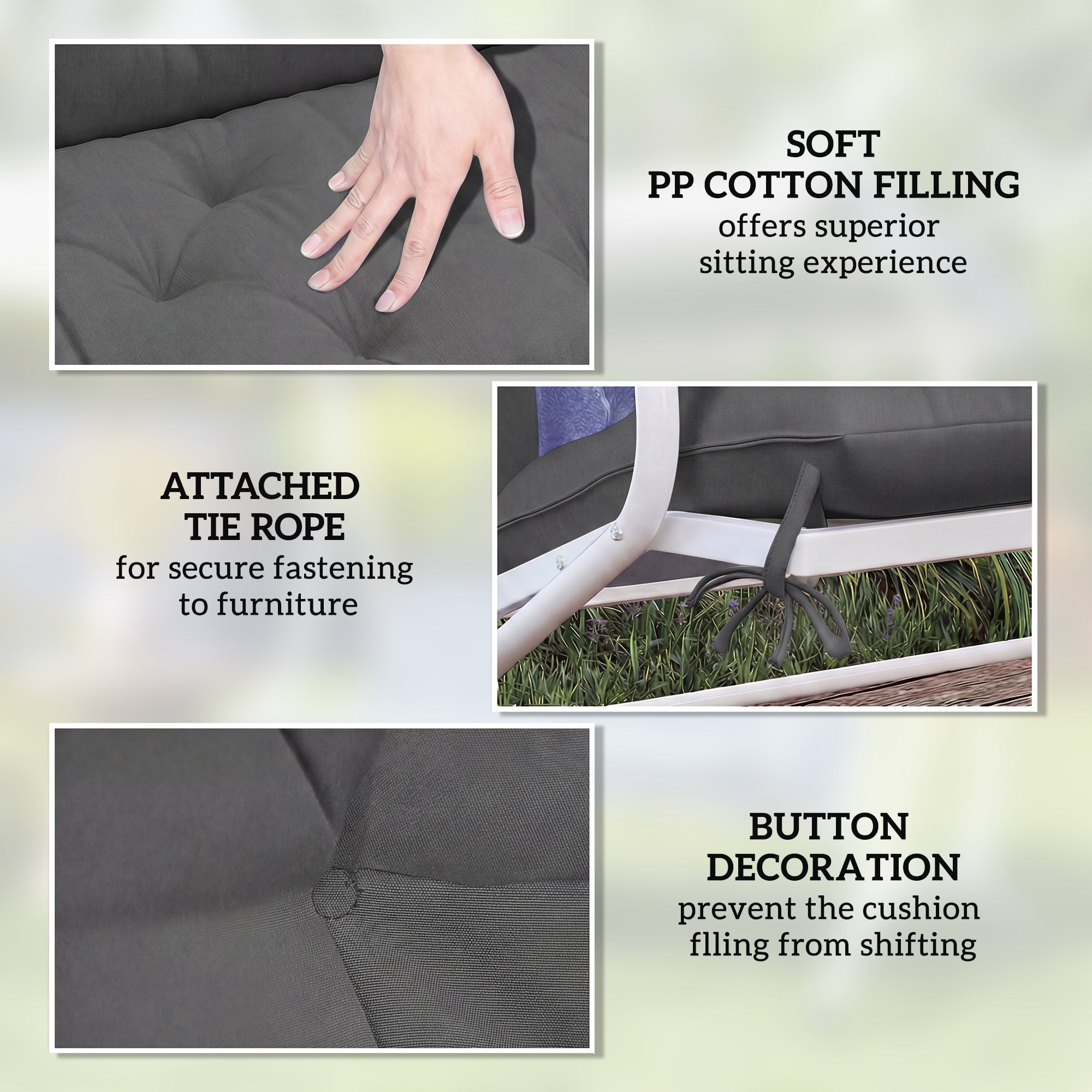 Dark gray outsunny garden bench cushion with soft pp cotton filling polyester fabric cover and tie fastenings for indoor outdoor use