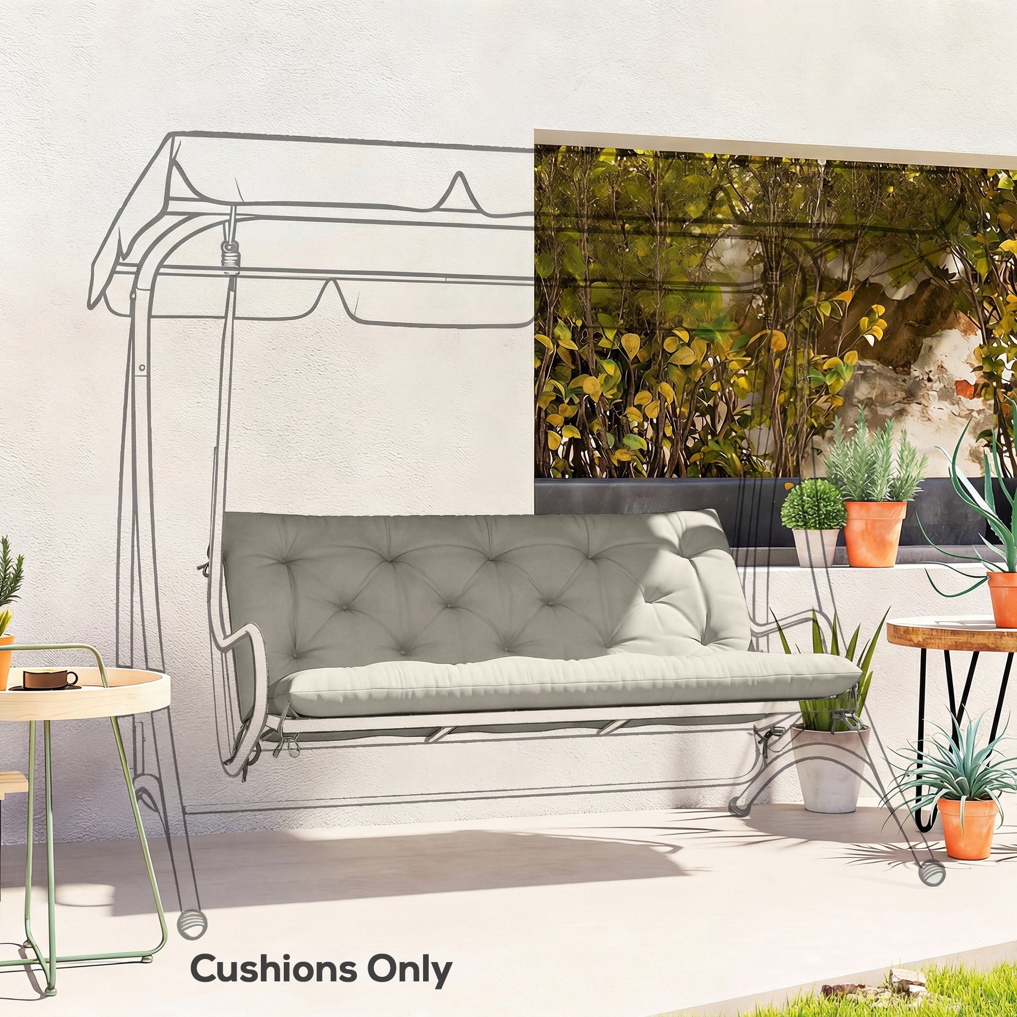 Gray tufted outsunny garden bench cushion with polyester fabric cover and tie fastenings for indoor outdoor use