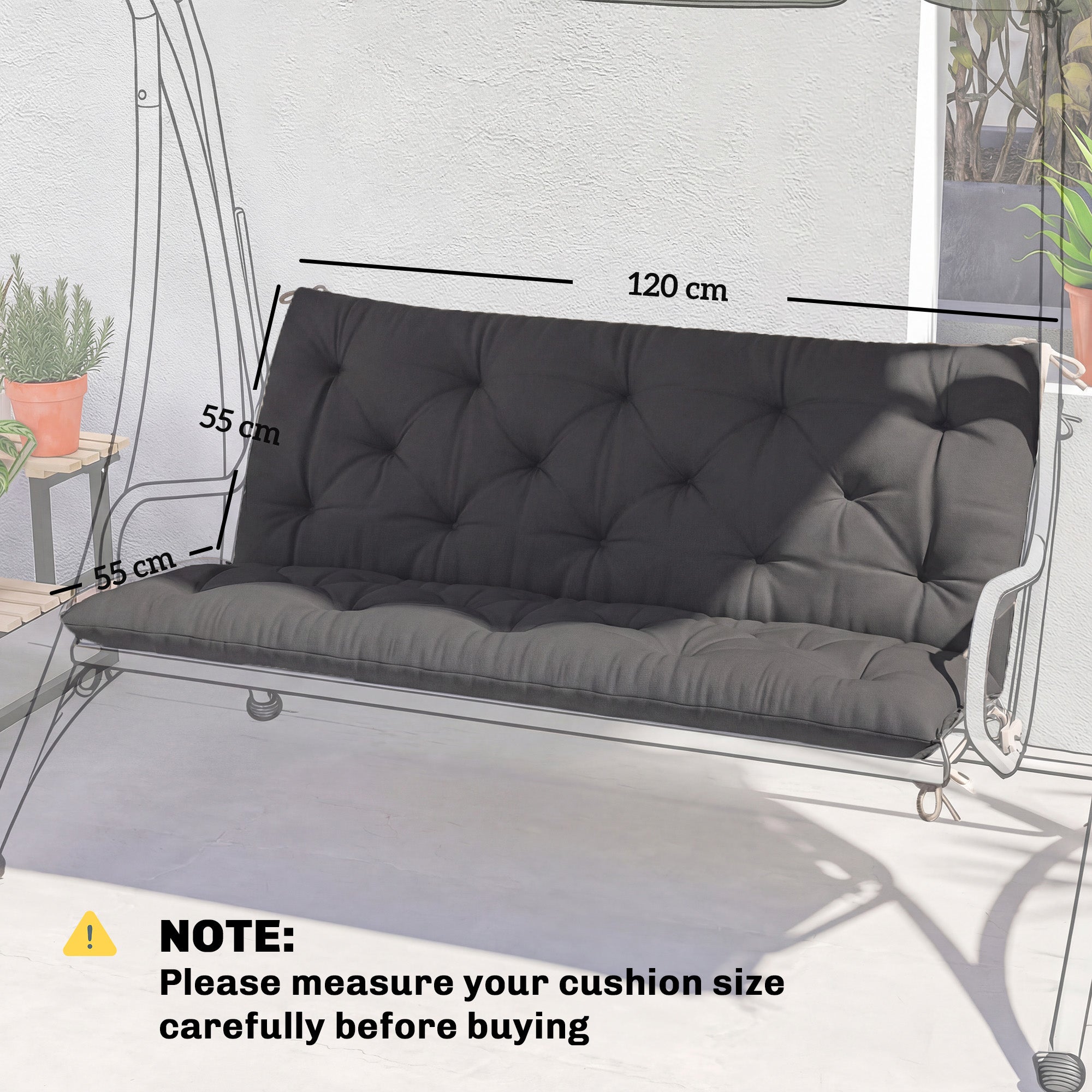 Black tufted bench cushion with fabric cover and tie fastenings for 2 seater swing indoor outdoor use