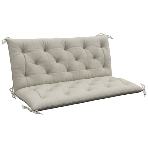 Beige tufted outdoor bench cushion with polyester fabric cover and tie fastenings for 2 seater swing chair use