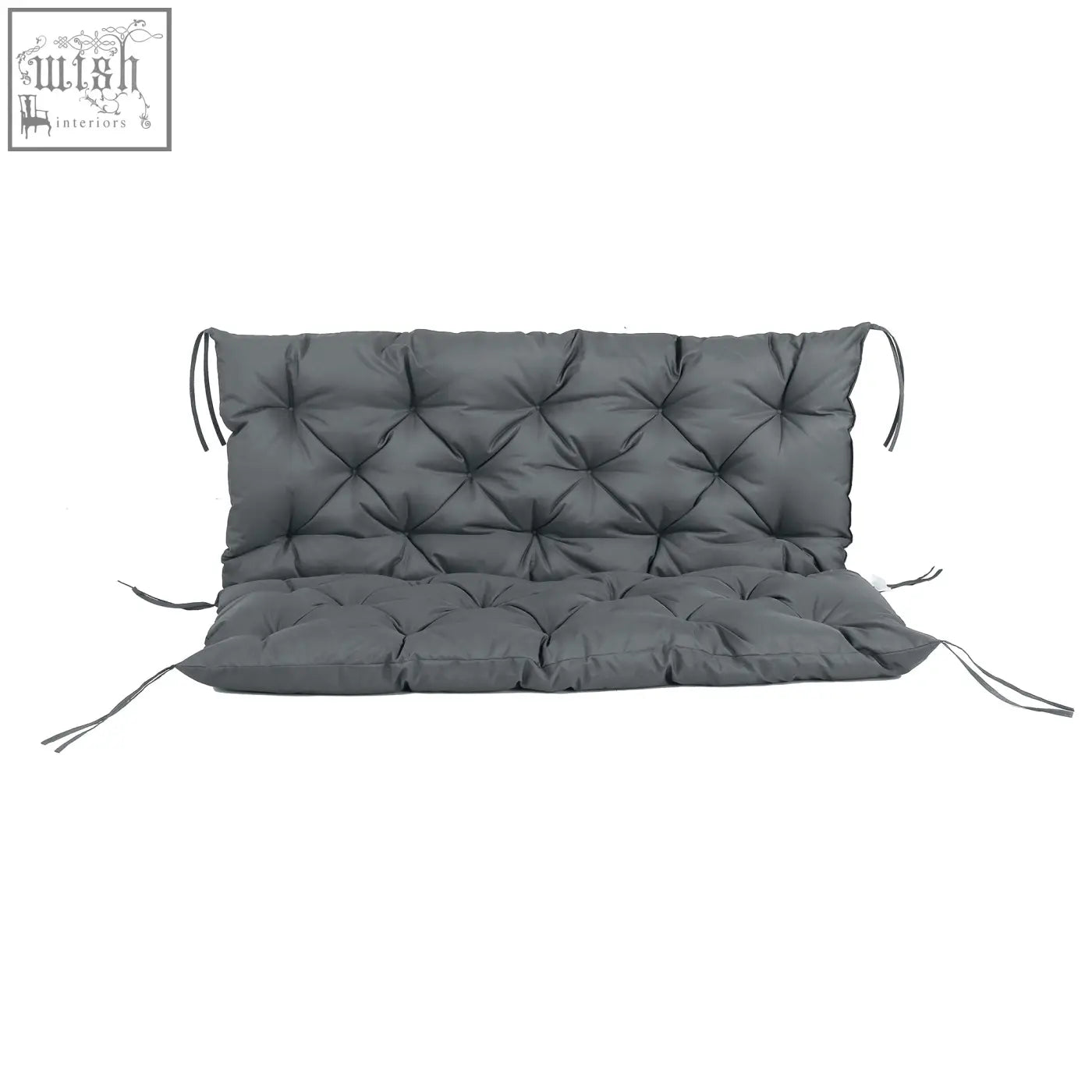 Dark grey tufted polyester fabric garden bench cushion with tie fastenings for 2 seater swing, indoor and outdoor use