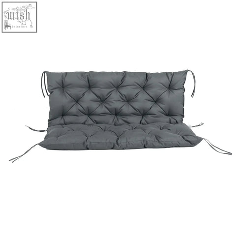 Dark grey tufted polyester fabric garden bench cushion with tie fastenings for 2 seater swing, indoor and outdoor use