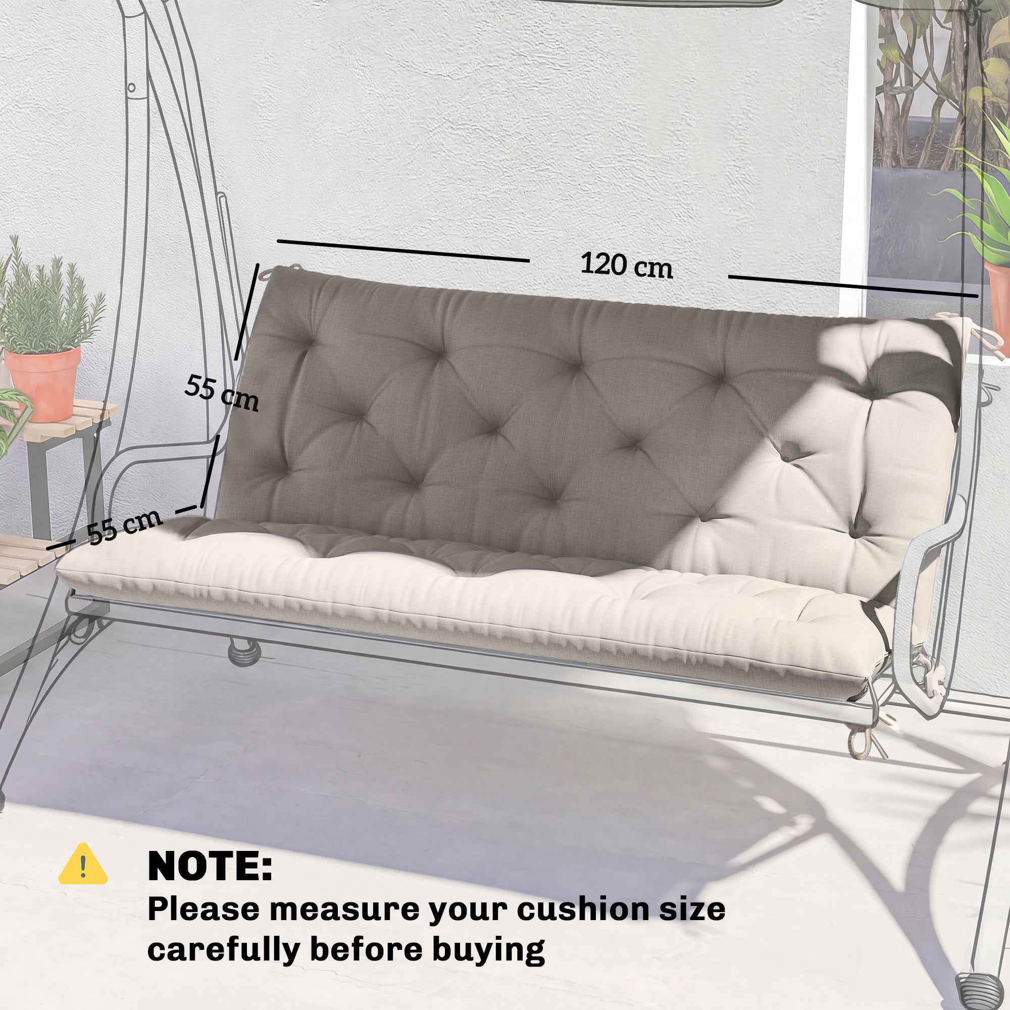 Gray tufted outdoor bench cushion with cream fabric cover and tie fastenings for 2 seater swing chair seat pad