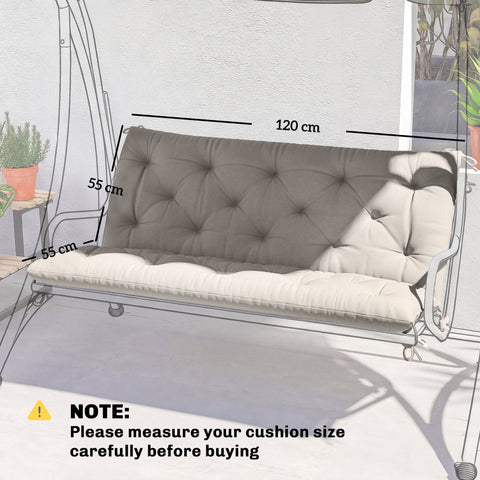 Gray tufted outdoor bench cushion with cream fabric cover and tie fastenings for 2 seater swing chair seat pad