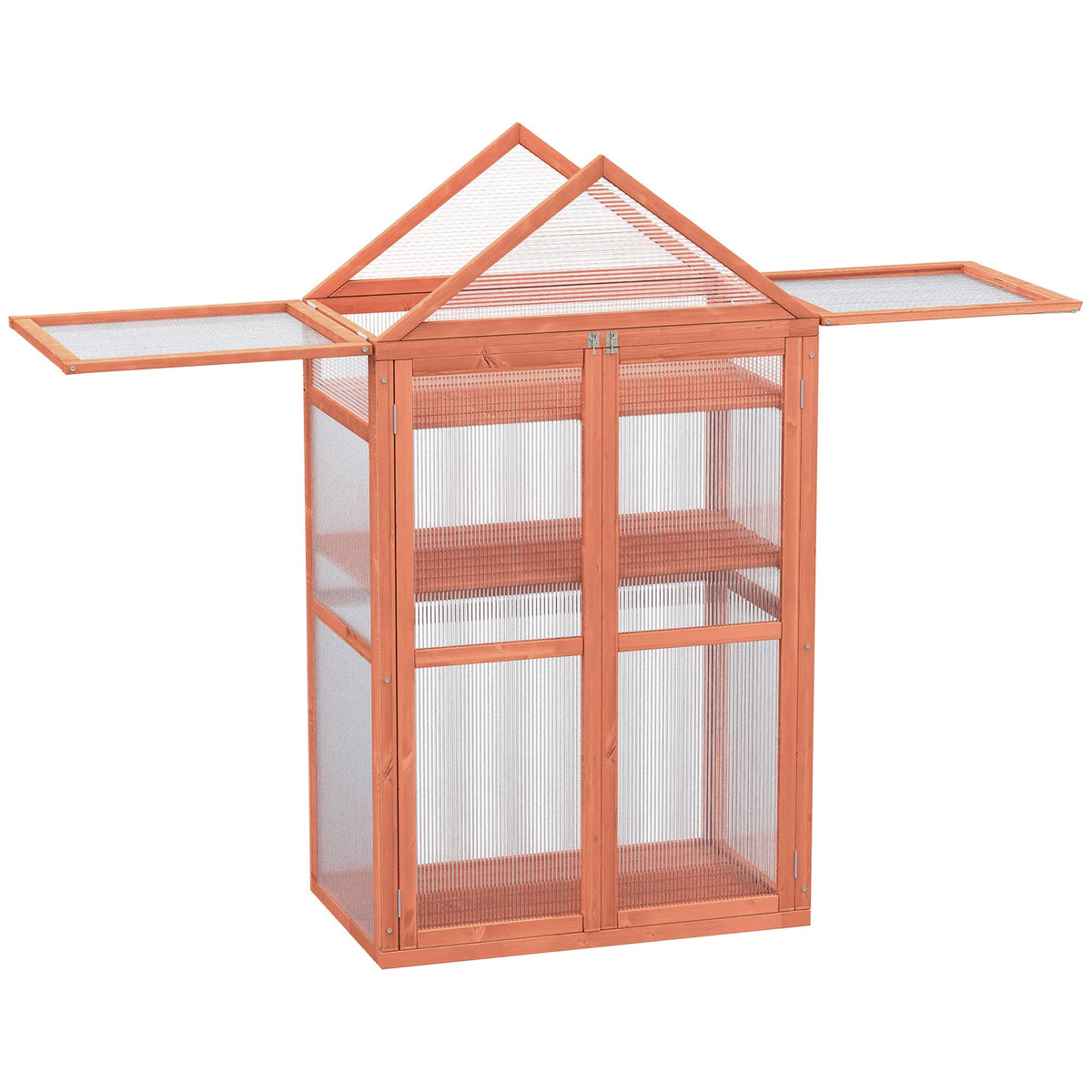 A wooden greenhouse with a wood frame and adjustable shelves featuring clear glass and a slanted roof in reddish brown