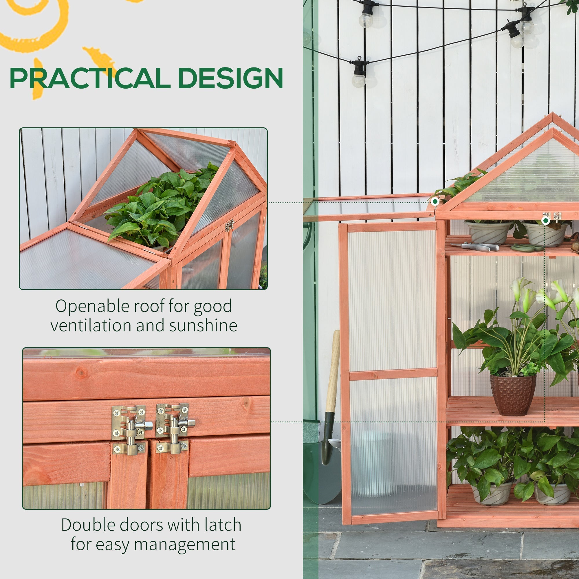 A peach-colored wood frame cold frame greenhouse with adjustable shelves and double doors for growing plants