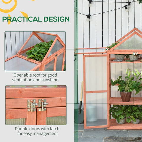 A peach-colored wood frame cold frame greenhouse with adjustable shelves and double doors for growing plants