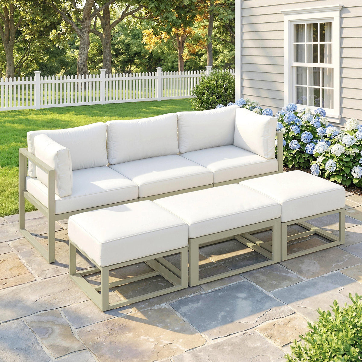 Modern outsunny garden daybed sofa set with light gray aluminum frame white cushions coffee table 65w x 63h