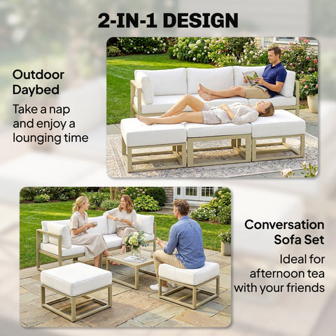 Outsunny garden daybed 6 piece outdoor sectional sofa set with white cushions light metal frames and coffee table 65w x 63h