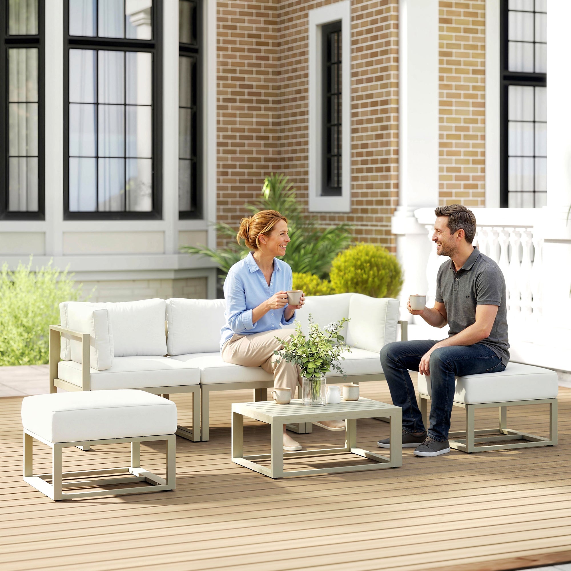 White outdoor sectional sofa set with light gray aluminum frame and coffee table 65w x 63h for patio use