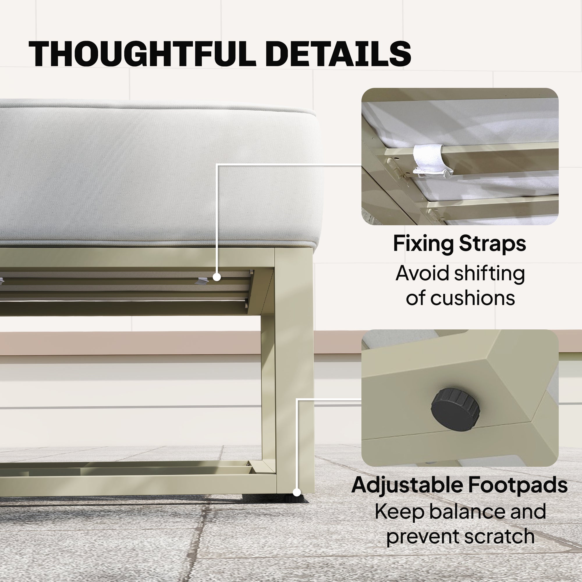 Modern beige cushioned bench with sleek metallic frame and adjustable footpads in outsunny 6 piece sofa set with coffee table 65w x 63h