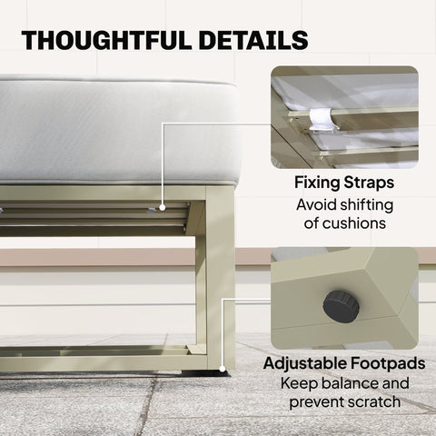 Modern beige cushioned bench with sleek metallic frame and adjustable footpads in outsunny 6 piece sofa set with coffee table 65w x 63h