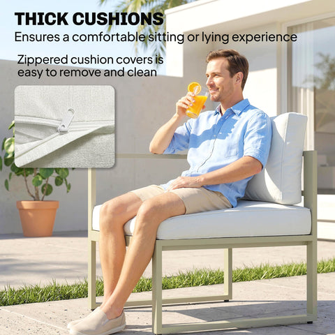 White cushioned outdoor lounge chair with metal frame part of outsunny 6 piece sofa set with coffee table 65w x 63h