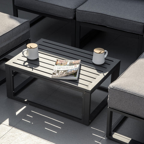 Modern black metal coffee table with slatted top and open base in outsunny grey aluminum sofa set 65w x 63h