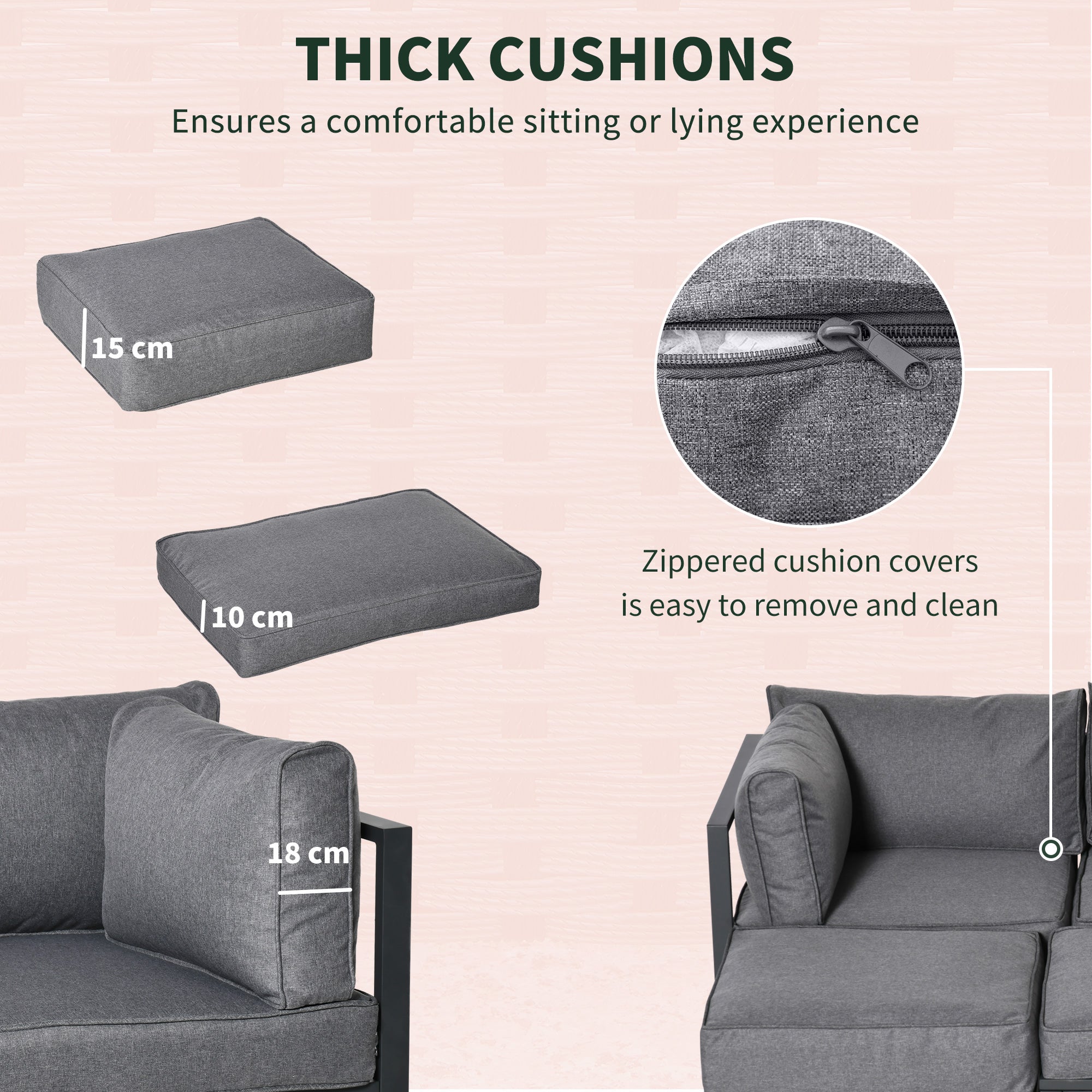 Gray fabric cushion covers with zipper closures for easy cleaning on outsunny garden daybed sofa set with coffee table 65w x 63h