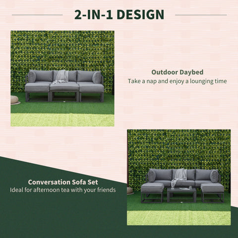 Gray fabric outdoor daybed with dark metal frame and coffee table in outsunny 65w x 63h sofa set