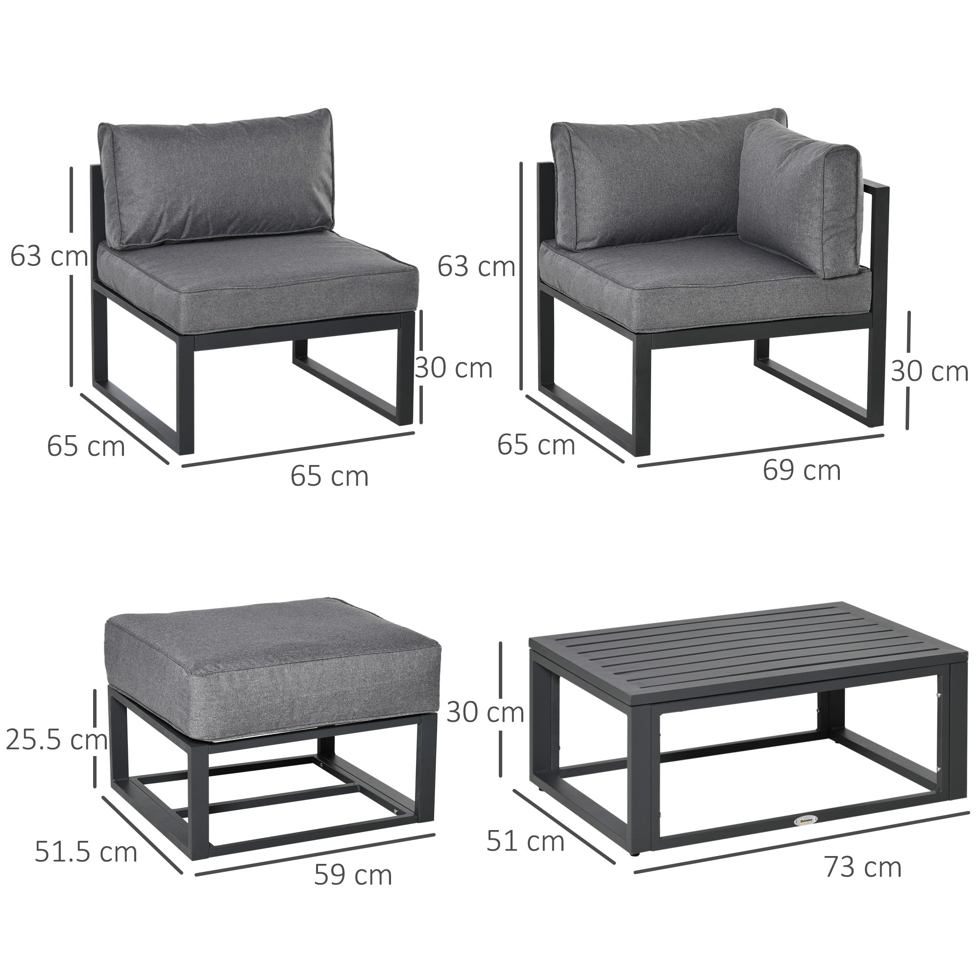 Modern black metal sofa set with gray cushions and matching slatted coffee table 65w x 63h for outdoor use