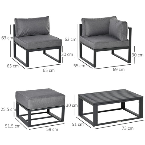 Modern black metal sofa set with gray cushions and matching slatted coffee table 65w x 63h for outdoor use