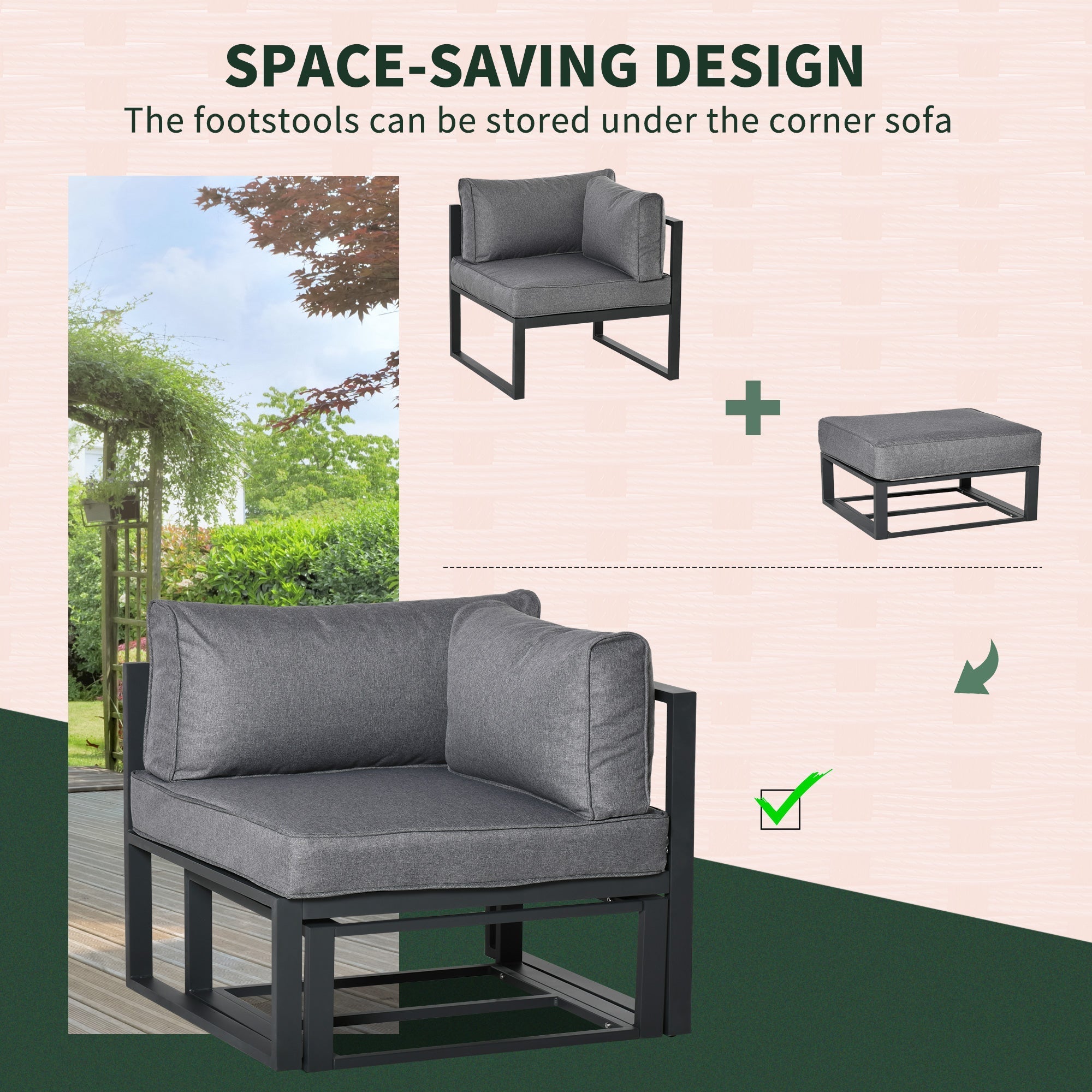 Gray fabric corner sofa set with black metal frame and coffee table 65w x 63h from outsunny garden daybed set