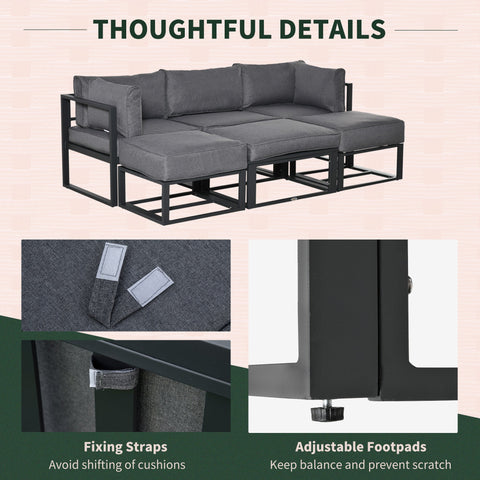 Modern gray outsunny garden daybed sofa set with black metal frame, adjustable footpads, coffee table, 65w x 63h
